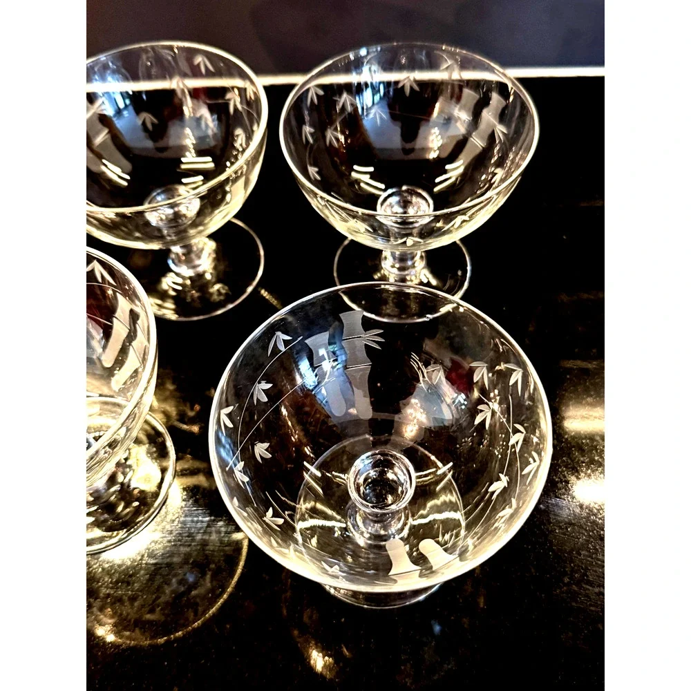 Set Of 4 Noritake Sasaki Etched Bamboo Crystal Low Sherbert Glasses 3-1/4